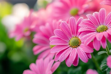 Obraz premium Close-up of vibrant pink flowers with dew drops