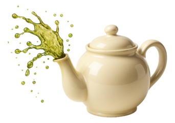 Green tea droplets splashing from a ceramic teapot spout.