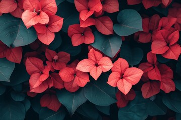 Close-up of vibrant red flowers and deep teal leaves