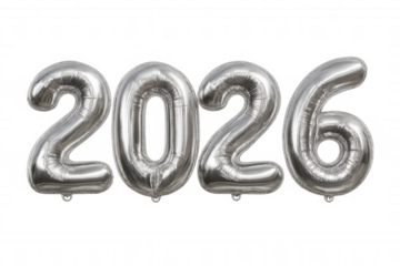 Metallic silver numeral balloons spelling 2026, floating against transparent backdrop, representing festive new year celebration moment