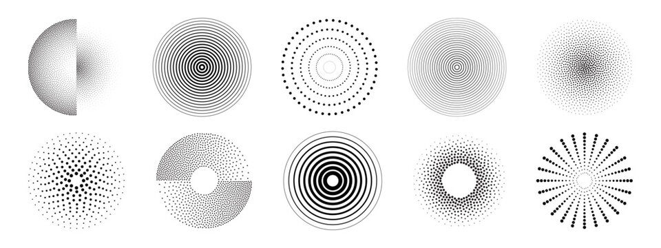 Ripple dot pattern circles with halftone gradients, concentric rings and radial designs for abstract graphics. Spiral formations, pointillism textures and geometric bursts for minimalist digital art.