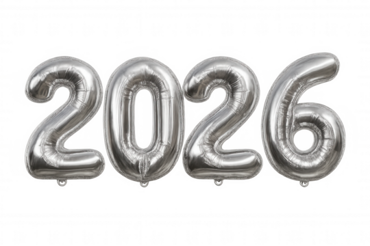 Metallic silver numeral balloons spelling 2026, floating against transparent backdrop, representing festive new year celebration moment