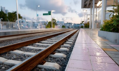 Fototapeta premium cinematic wide shot of a modern outdoor train platform at dusk