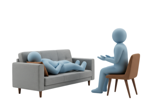 Isolated Therapeutic session with patient lying on sofa and counselor in chair studio shot