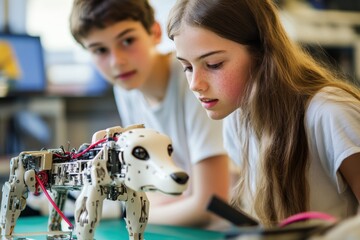 Students engaged in robotics project with robotic dog at a school workshop