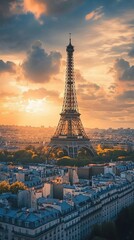 Eiffel Tower at sunrise over Paris cityscape