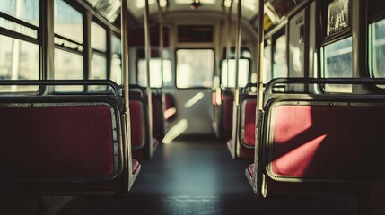 Empty subway car interior, sunlight
