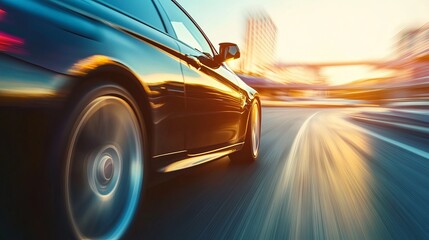 Fast car on city road at sunset