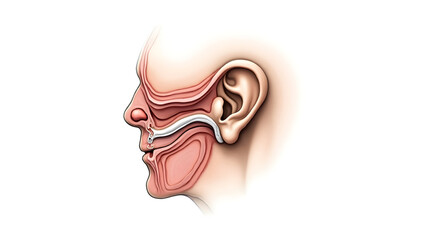 Anatomy&physiology A cross-section of the head at the ear canal, isolated on white, showing ear structures and cranial base for ENT and imaging reference(3)