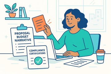Businesswoman working on proposal budget narrative and compliance certifications in office with light background and creative concept illustration. Ai generative