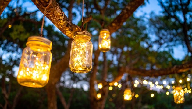 Warm, golden light illuminates mason jar lanterns hanging from tree branches at dusk.