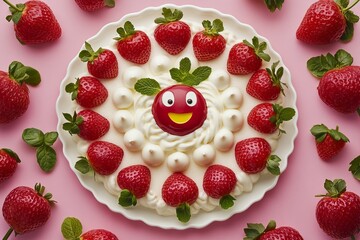 Strawberry dessert art, round white plate, cheerful face, whipped cream, mint leaves, vibrant pink background