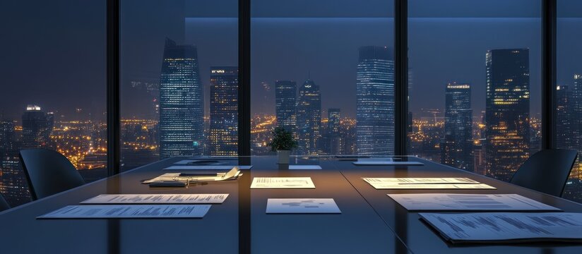Interior shot of a boardroom overlooking a nighttime cityscape, papers on the table