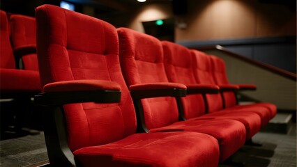 Rows of red plush seats in a dimly lit theater, arranged for an audience experience.
