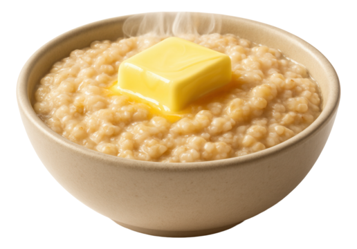 A pat of butter slowly melting over a steaming bowl of oatmeal.