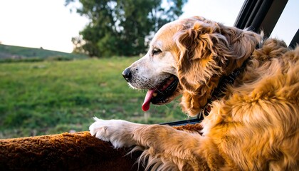 A golden retriever dog leans out a car window, enjoying a scenic rural view.