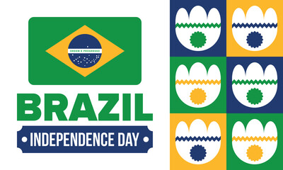 Brazil Independence Day. Happy national holiday. Freedom day. Celebrate annual in September 7. Brazil flag. Patriotic brazilian design. Poster, card, banner, template, background. Vector illustration