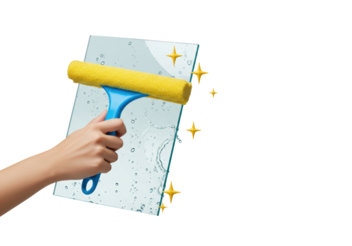Isolated hand cleaning glass with squeegee, window cleaner with star sparkles, wiping surface