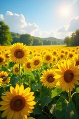 Serene Sunflower Field Golden Sunlight Bathes Swaying Blooms in Gentle Breeze, Creating a Peaceful Pastoral Summer Scene Ideal for Nature, Agriculture, and Rural Themed Projects