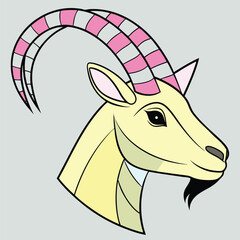 Stylized Yellow Goat Head with Pink and Gray Horns