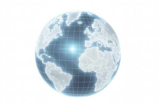 Transparent globe with glowing continents and grid on a transparent background, ideal for global communication concepts - Powered by Adobe