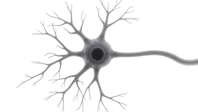 Anatomy&physiology A microstructure of neuron cell body, isolated on white, showing Nissl substance, axon hillock, and dendritic processes for neurobiology