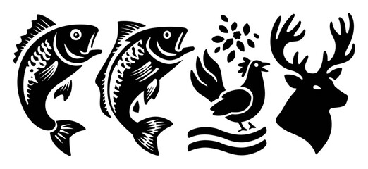 Obraz premium Silhouette Designs of Fish, Chicken, Deer and Floral Elements for Art