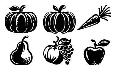 Black and White Vector Illustrations of Various Fruits and Vegetables