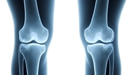 Anatomy&physiology A side-by-side X-ray image comparison of healthy and arthritic knee, isolated on white, for orthopedics and radiology education(4)