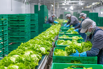 Cabbage factory sorting work. Workers on production line with fresh vegetables