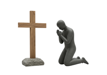 Isolated Christian cross, kneeling figurine in prayer, religious symbols, worship, faith, hope