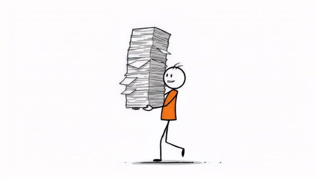Stick figure carrying heavy stack of paper files