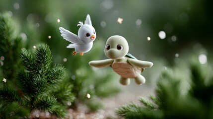 Playful interactions between a turtle and a bird in a natural setting outdoor scene whimsical imagery