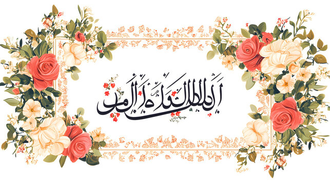 &bull; Handwritten Ramadan Mubarak card in Urdu with a floral border and calligraphy pen isolated on white background in HD 