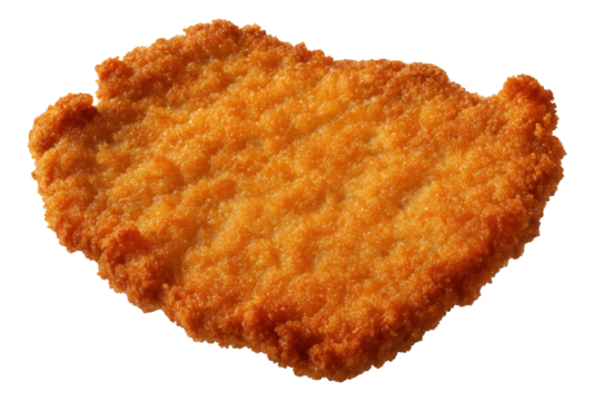 Pork schnitzel with a jagged, golden breading, edges slightly curled.