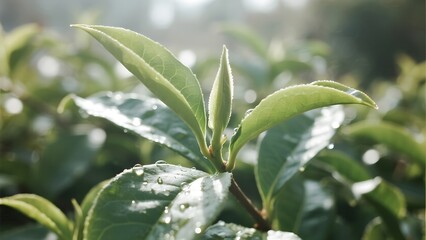 Obraz premium Fresh tea leaves glistening with dewdrops under sunlight
