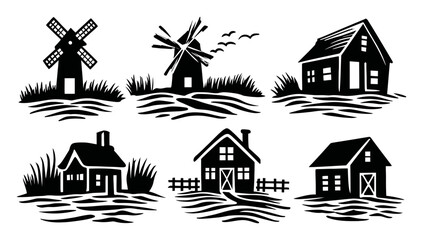 Fototapeta premium Silhouettes of Windmills and Houses in Natural Landscape Design Elements