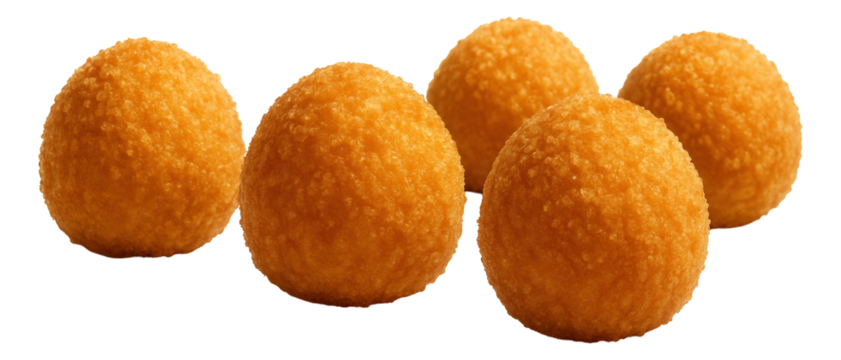 Arancini balls with a knobby, golden-brown breading, positioned in a row.