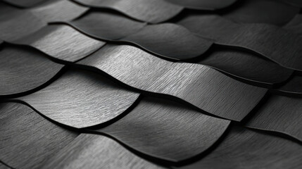 Dark wood wall with staggered blackened tiles forming soft waves