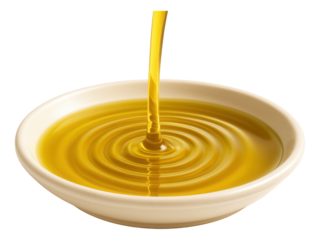 Olive oil streams into a ceramic saucer, forming concentric rings of gold.
