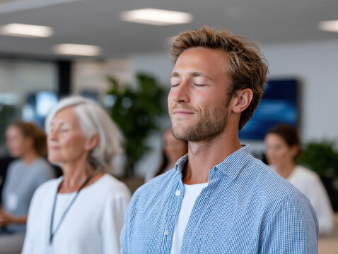 Business people meditating in office meeting room: mindfulness exercise