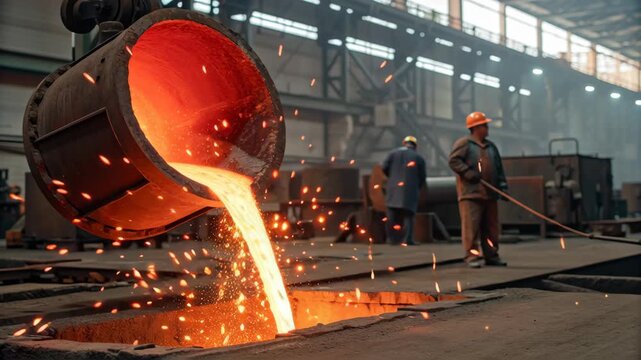 Molten metal pours from large crucible in busy industrial factory market where base metals processed with intense heat sparks fly
