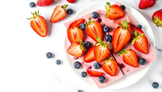 Pink frozen dessert bars topped with fresh strawberries and blueberries, displayed on a white plate.