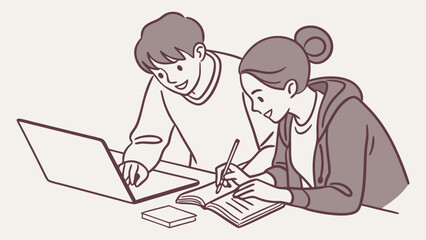 Two Students Collaborating on a Project with Laptop and Notebook.