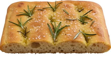 Golden focaccia shows rustic texture, salt, and rosemary, ideal for culinary projects or artisan bread marketing.