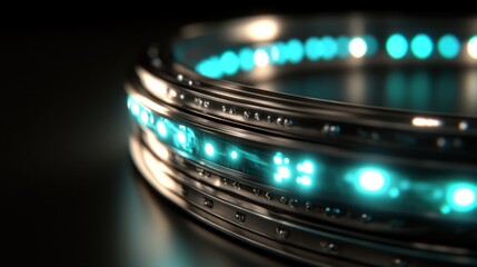 Futuristic metal ring with glowing blue lights and intricate design for innovation and technology