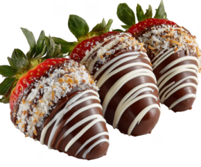 Gourmet chocolate strawberries with white drizzle and coconut isolated on transparent background