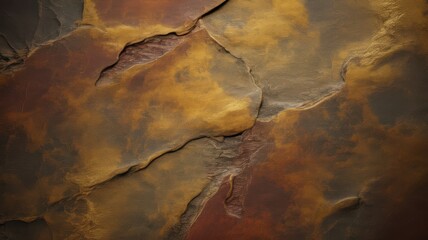 A detailed, abstract closeup of a rough, textured stone surface with natural cracks and variations in color, featuring earthy tones of brown, yellow, and rust