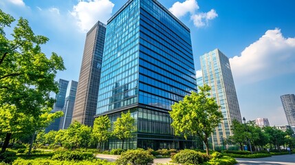Modern skyscrapers surrounded by lush greenery