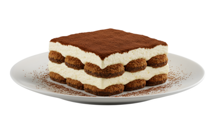 Creamy, layered tiramisu dessert sits on a white plate. Isolated for menu design, recipe blogs, catering services.